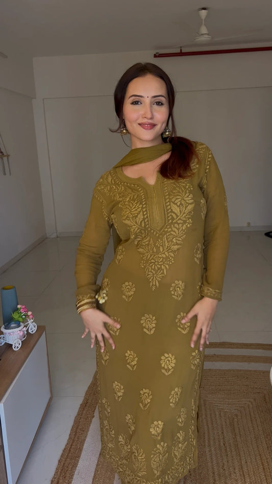 Graceful Chanderi Embroidered Chikankari Kurti and Pant Set