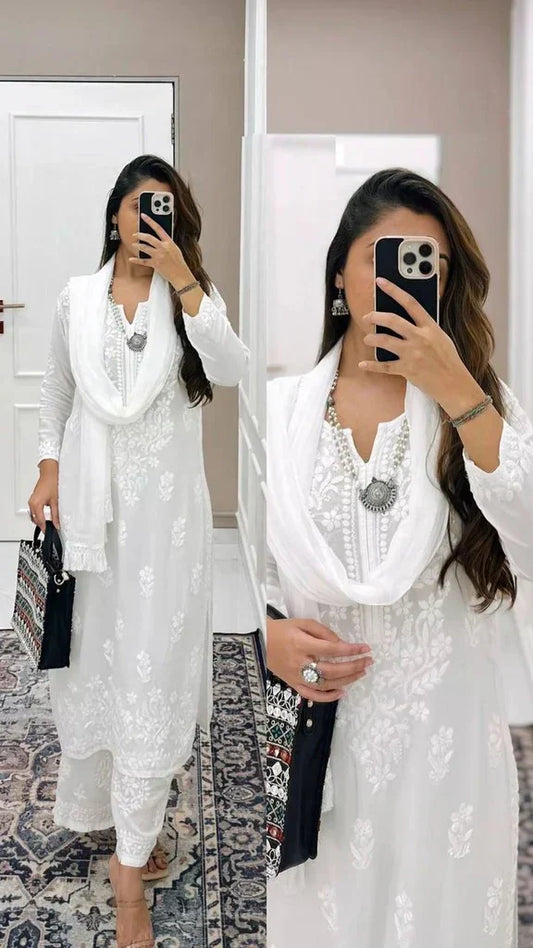 White Chanderi Embroidery Chikankari Kurta Set