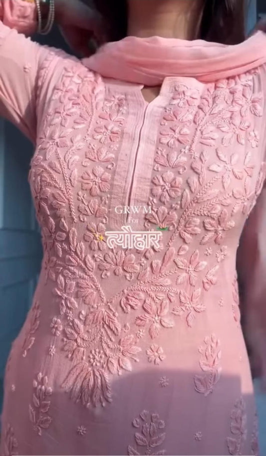 Graceful Chanderi Embroidered Baby Pink Chikankari Kurti and Pant Set