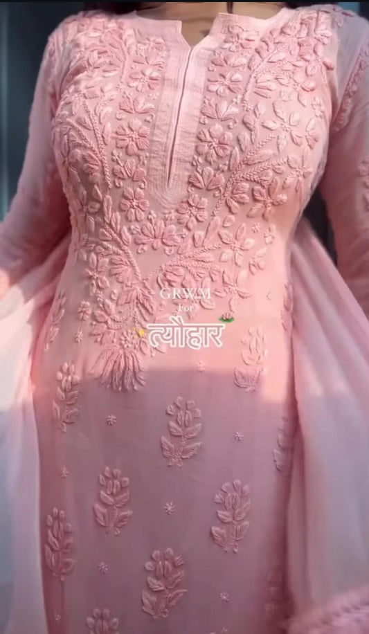 Graceful Chanderi Embroidered Baby Pink Chikankari Kurti and Pant Set