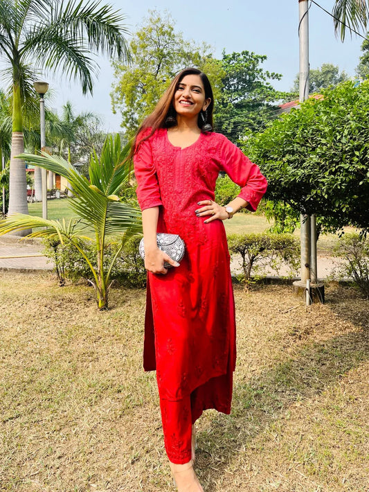 Graceful Chanderi Embroidered Baby Red Chikankari Kurti and Pant Set