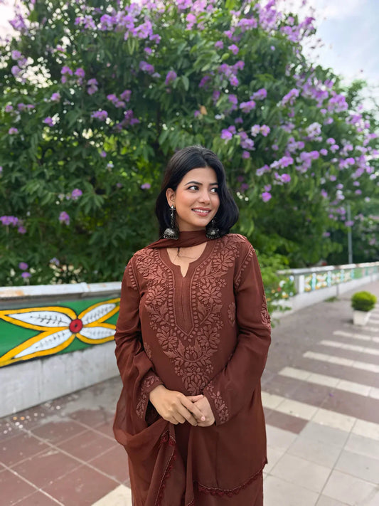 Graceful Chanderi Embroidered Brown Chikankari Kurti and Pant Set